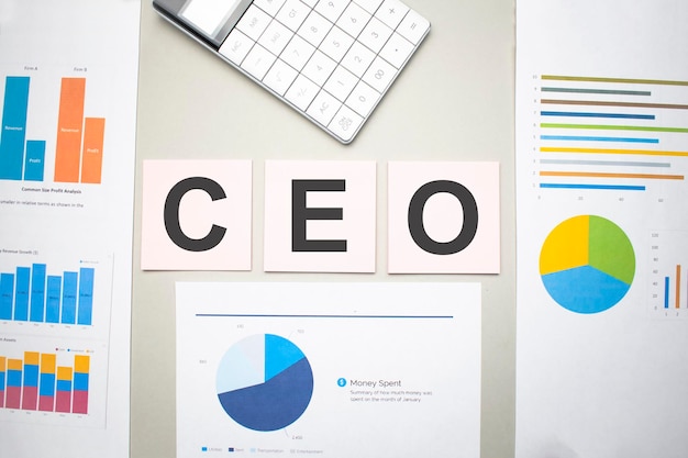 CEO-Geschäft, Suchmaschinenoptimierung, Text auf den Blättern, Diagrammen und weißem Taschenrechner