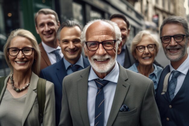 Ceo masculino sênior sorrindo para a câmera com sua equipe na rua durante o dia de trabalho Generative AI