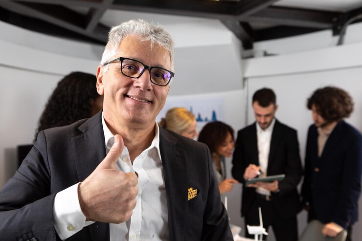 Foto ceo sênior mostrando o polegar feliz com as conquistas escritório de uma empresa com o chefe em primeiro plano e funcionários desfocados ao fundo alegria de satisfação