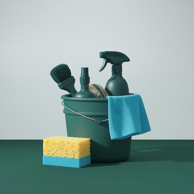 un cepillo y un cepillo están en un recipiente verde con una toalla azul en él