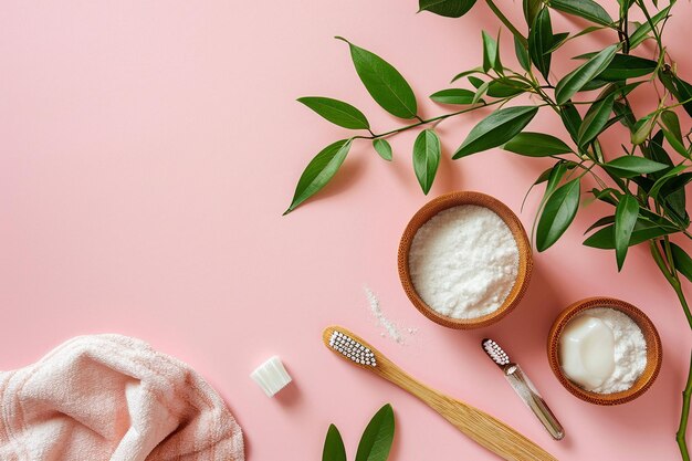 El cepillo de dientes de bambú de madera y el bicarbonato de sodio en un fondo rosa son cepillos de dientes ecológicos