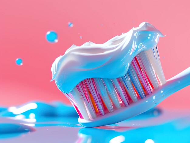 un cepillo de dientes con crema blanca y gotas de agua rojas y azules