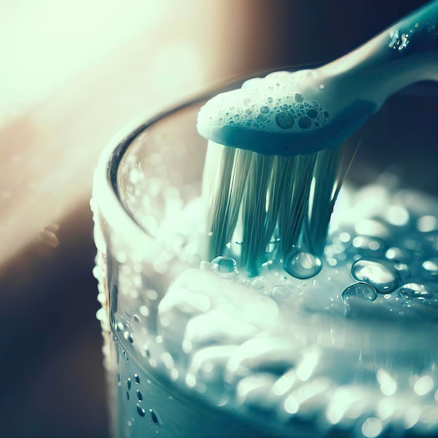 El cepillo de dientes la pasta de dientes el vaso de baño el primer plano de la mañana