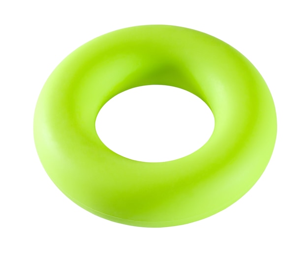 Cepillo expansor de goma en forma de toro verde, vista macro de primer plano, aislado sobre fondo blanco con trazado de recorte