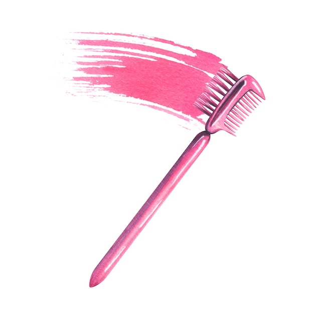 Cepillo para peinar pestañas y cejas con una mancha de pintura rosa rímel ilustración acuarela