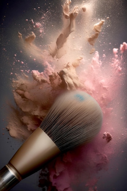 cepillo de polvo en fondo oscuro con salpicaduras de polvo rosado IA generativa