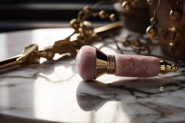 Un cepillo rosa sobre una mesa de mármol con detalles dorados y un mango dorado.