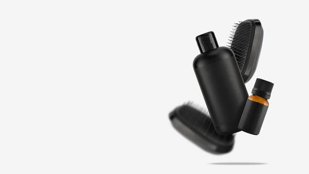 Cepillos para el cabello desenredantes botella de champú y aceite para el cabello flotando en blanco Foto conceptual de accesorios para el cuidado y la salud de la piel y el cabello de la cabeza Imagen moderna creativa sobre un fondo gris claro