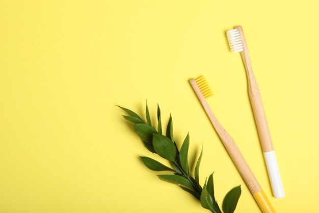 Cepillos de dientes de bambú natural vista superior cuidado bucal y dental