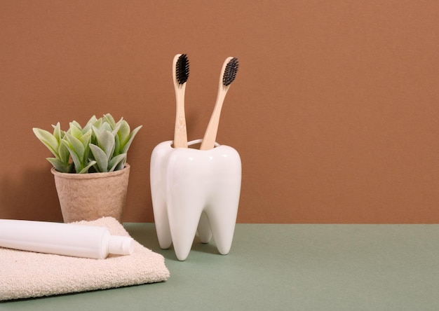 Cepillos de dientes ecológicos Pasta de dientes en una toalla Copiar espacio para texto Planta verde