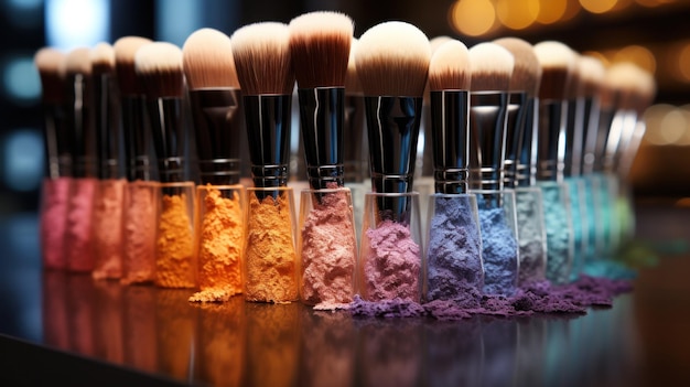 cepillos de maquillaje en el puesto de belleza