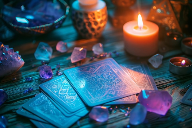 Cerais de cristais e outras ferramentas de adivinhação ao lado das cartas do tarot IA geradora