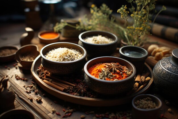 Cerámica de arcilla con té y arroz para comida tradicional generada por IA generativa