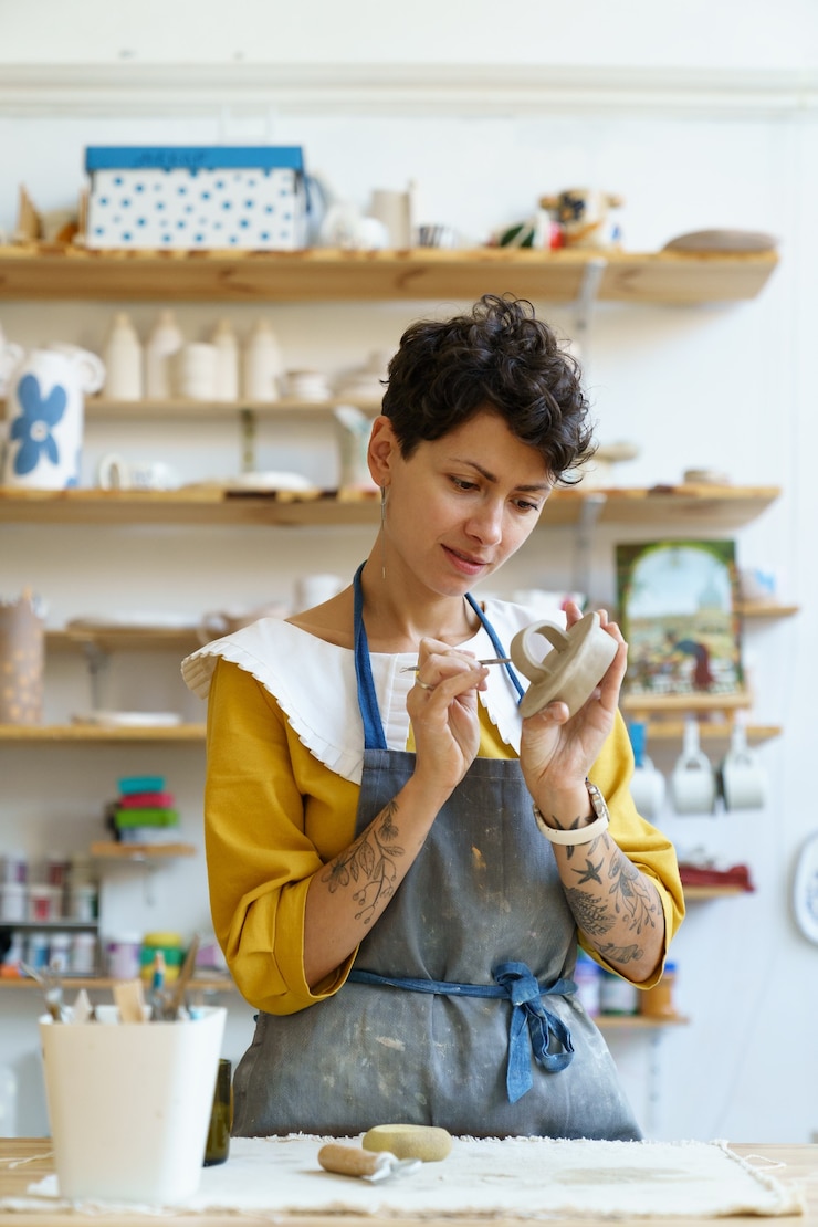 Foto cerâmica artesã feminina ocupada com o processo criativo usa ferramentas para decorar moldes de argila e moldar louças