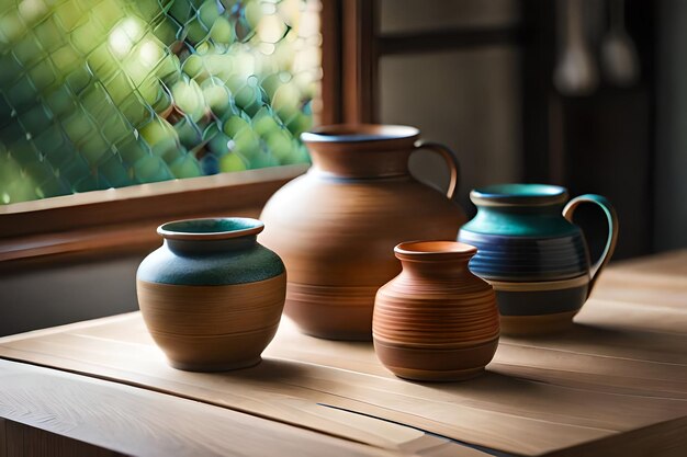 cerâmica em uma mesa com uma janela atrás dela