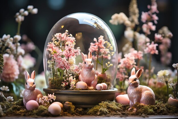 Cerámica de Pascua con conejitos rosados y flores rosadas.