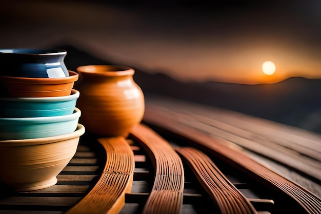 cerámica sobre una mesa con la puesta de sol de fondo