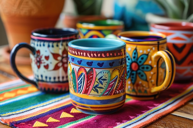 Cerâmica tradicional mexicana colorida em um tecido vibrante