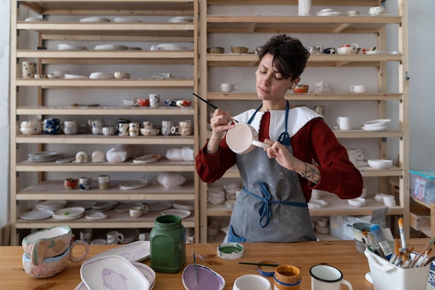 Foto ceramista de pie en el taller creando piezas únicas de cerámica para vender taza de pintura