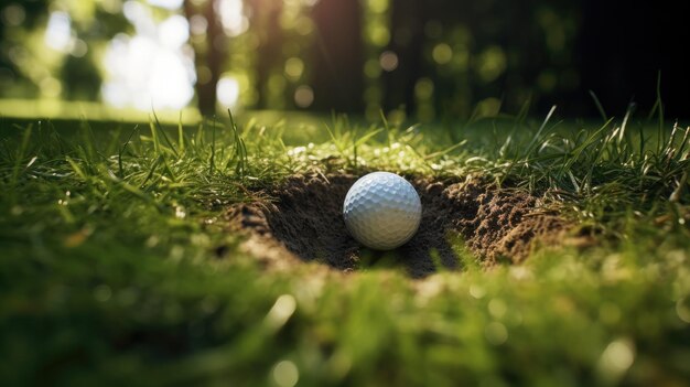 Cerca del agujero de la pelota de golf listo para el éxito en el verde