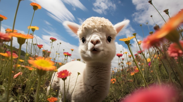 Cerca de Alpaca mirando recto en el hermoso prado