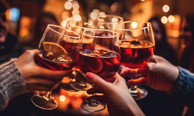 Cerca de amigos brindando con copas de vino caliente caliente en un mercado navideño festivo