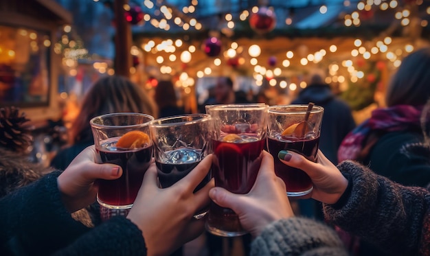 Cerca de amigos brindando con copas de vino caliente caliente en un mercado navideño festivo