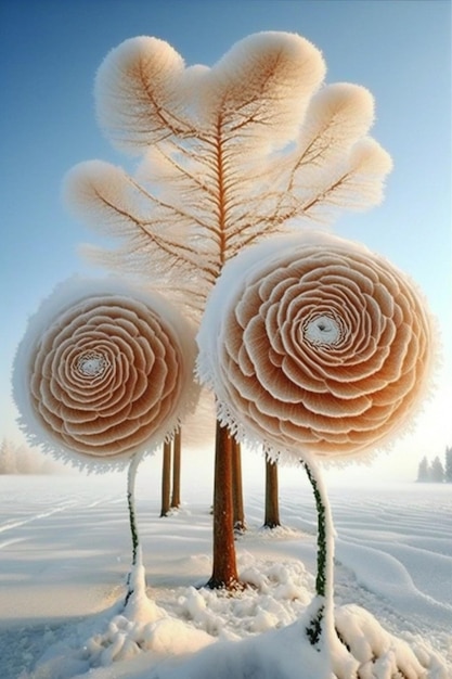 Cerca de un árbol con flores en la nieve generativa ai