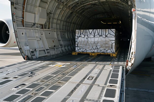 Foto cerca de un avión de carga con escotilla abierta paquetes organizados listos para el envío internacional