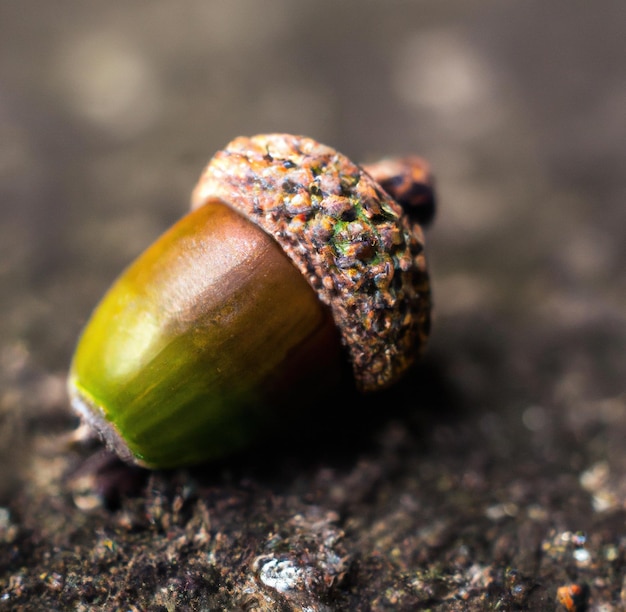 Cerca de bellota marrón tendido en el suelo en el bosque