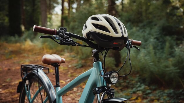 Cerca de la bicicleta con casco en el manillar