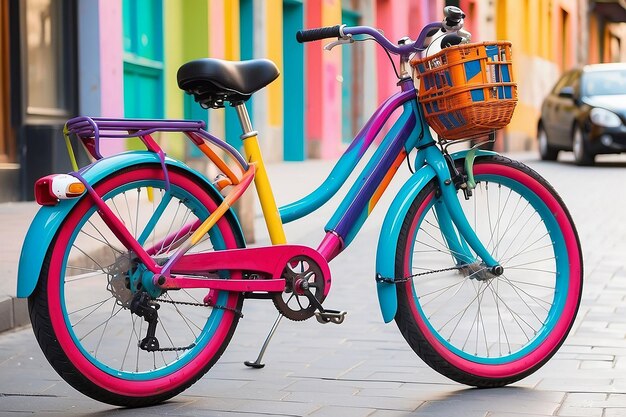 Foto cerca de la bicicleta colorida en la ciudad