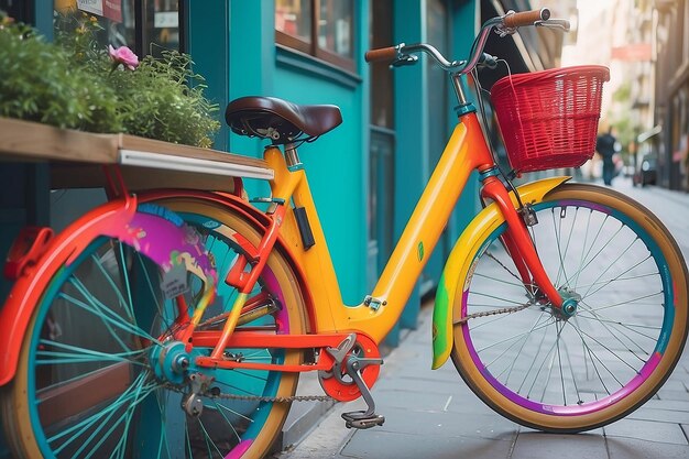 Foto cerca de la bicicleta colorida en la ciudad