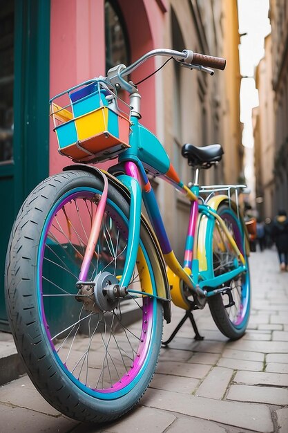 Foto cerca de la bicicleta colorida en la ciudad