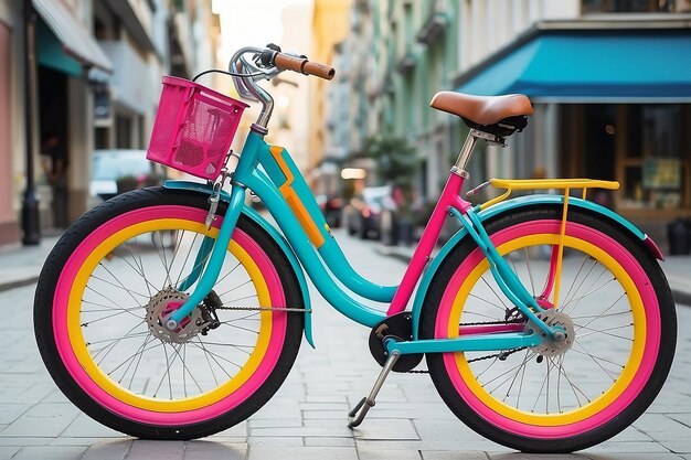 Foto cerca de la bicicleta colorida en la ciudad