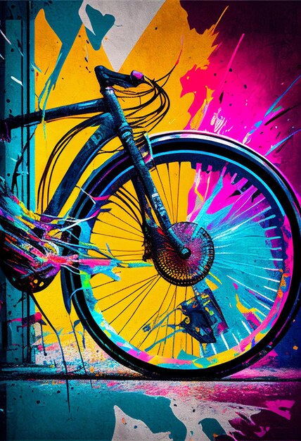 Foto cerca de bicicleta con rueda de bicicleta pintada de colores ai generativo