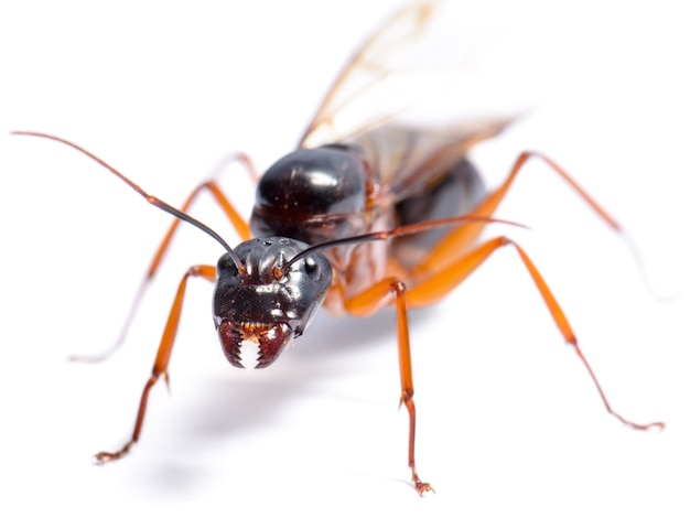 Cerca de Black Carpenter Ant o Camponotus pennsylvanicus (macho alado) sobre fondo blanco.