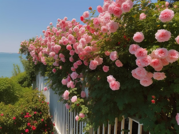 Una cerca blanca con rosas rosadas