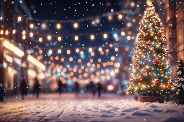 Cerca de bolas en guirnaldas de bokeh de árbol de navidad en el concepto de año nuevo de fondo