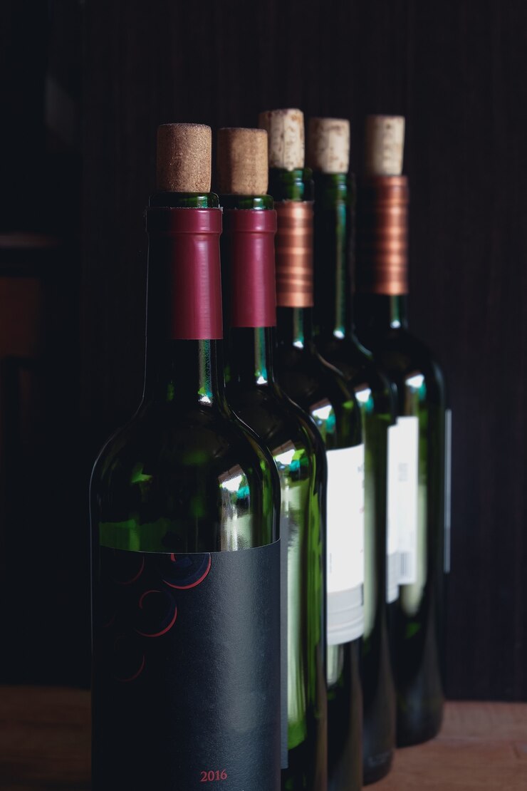 Cerca de las botellas de vino abiertas listas para servir.