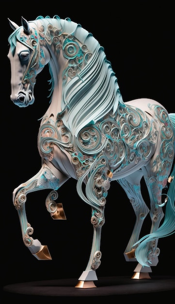 Cerca del caballo estatua con pintura azul y blanca generativa ai