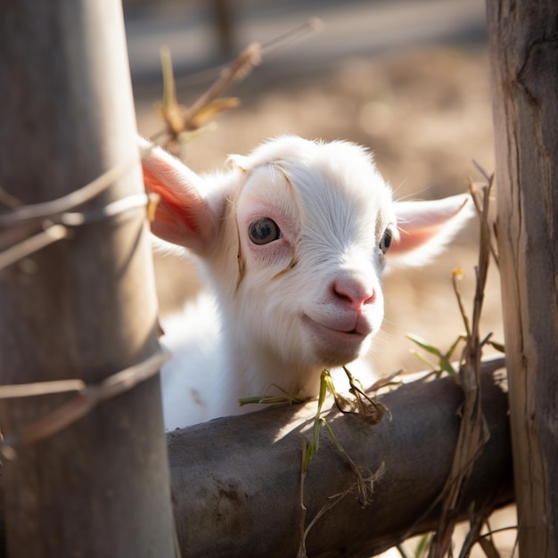 Foto cerca de la cabra bebé blanca jugando con la valla de bambú en la granja para las redes sociales