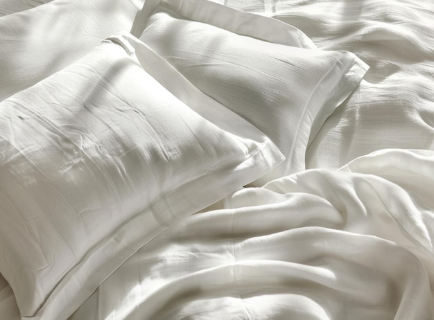 Cerca de la cama con sábanas y almohadas blancas