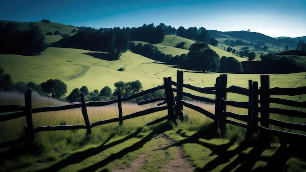 Una cerca en un campo con colinas al fondo