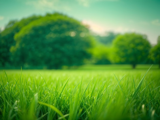 Cerca de campo de hierba verde con fondo de parque de desenfoque