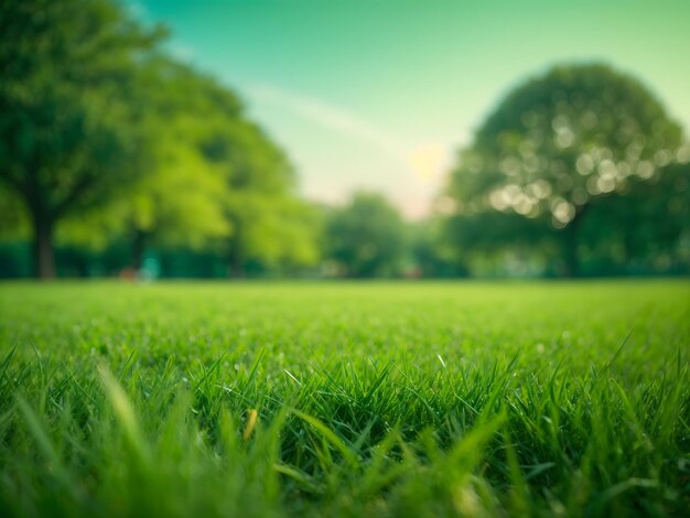 Cerca de campo de hierba verde con fondo de parque de desenfoque