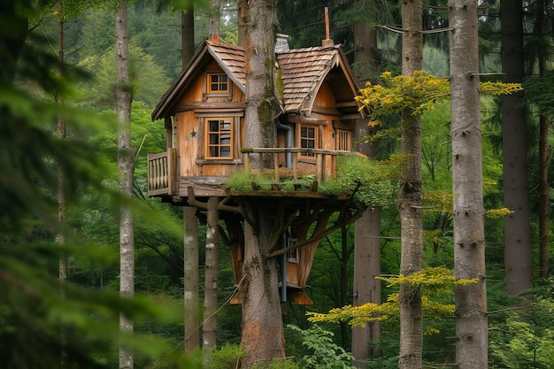 cerca de una casa de madera en la parte superior de un árbol alto en la parte inferior de los árboles en un