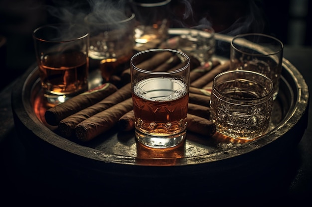 Cerca de los cigarros de la bandeja de whisky