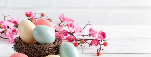 Cerca de coloridos huevos de Pascua en el nido con flor de ciruelo rosa sobre la superficie de la mesa de madera blanca brillante.