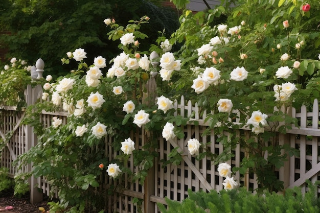 Cerca com rosas trepadeiras e treliça de um lado